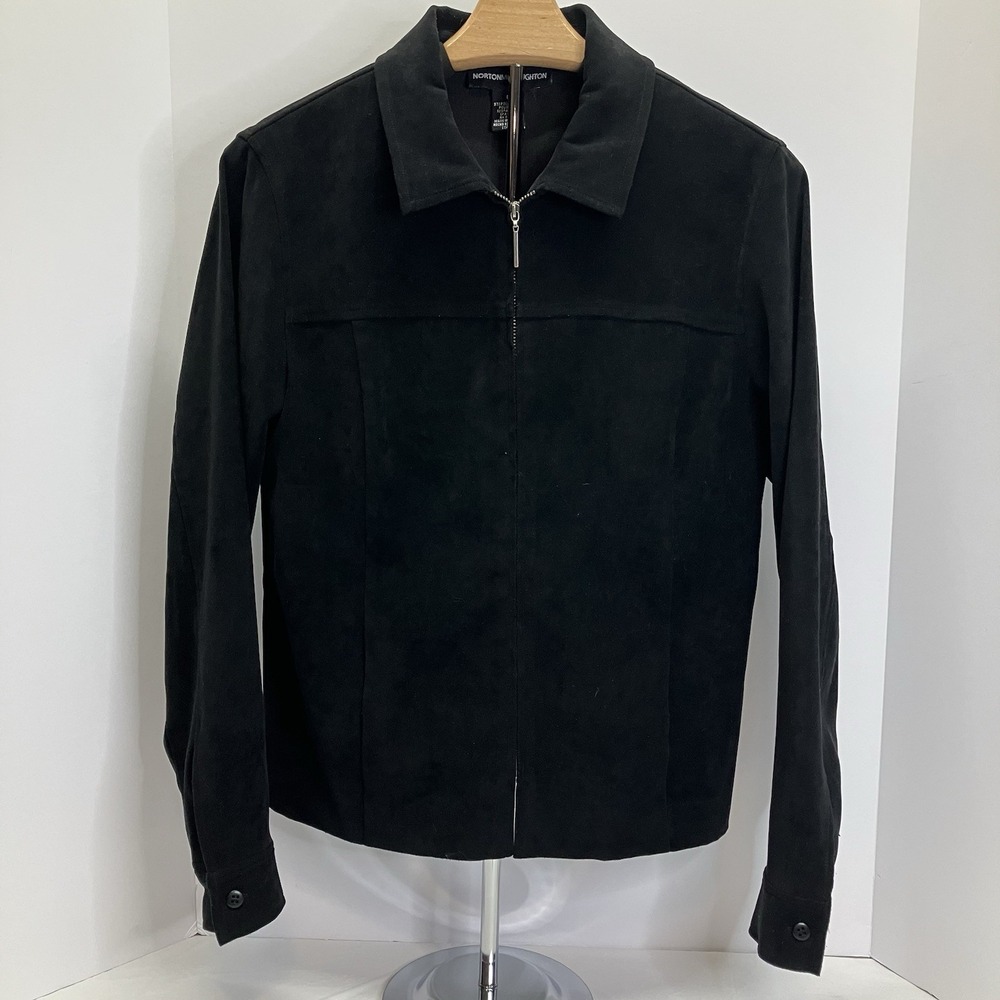 Norton McNaughton Womens Black Stretch Full Zip Faux Suede Light Jacket Size 6